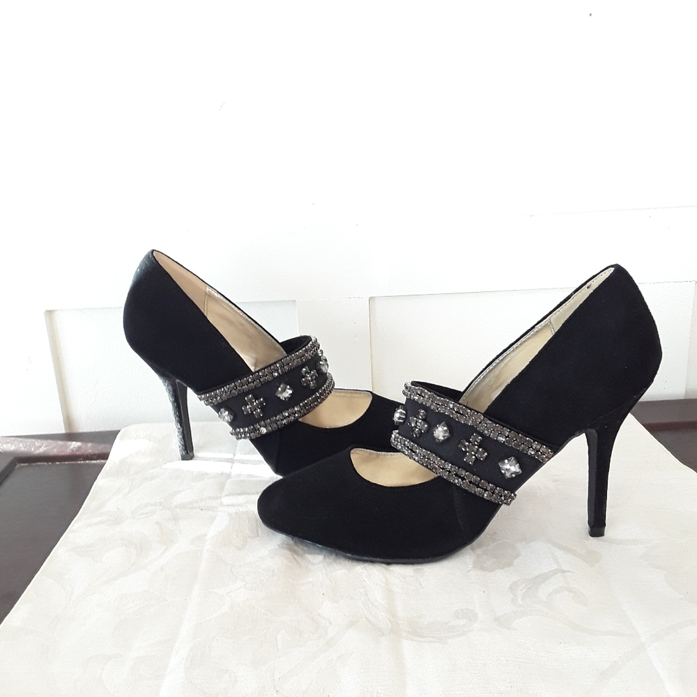 MARK Black Suede Heels Wide Rhinestone Stretch Band 4.5" Heel Pumps Shoes 10
